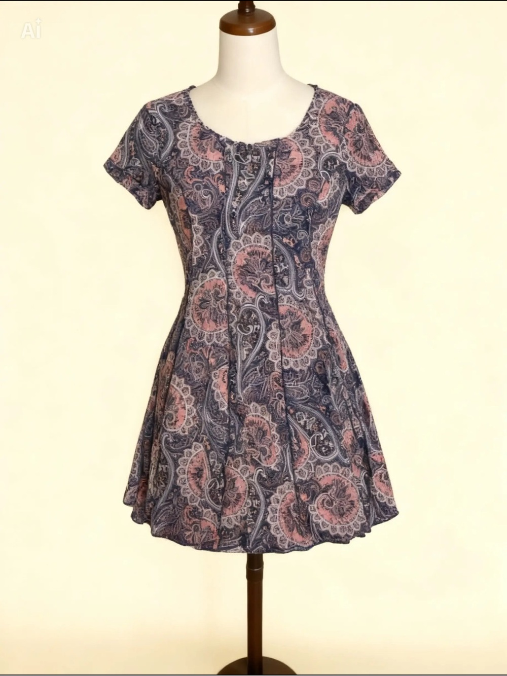 Sami & Joe Pink and Navy Paisley Short Sleeve Fit-and-Flare Midi Dress Y2K